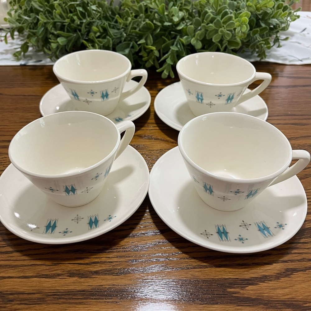 Salem‎ American Ironstone Tea Coffee Cup Aqua Blue Atomic 4 Cups And Saucers USA